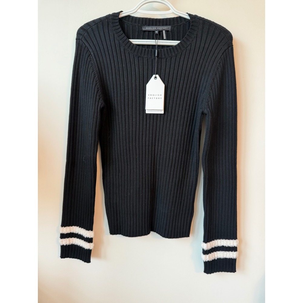English Factory Black Ribbed Sweater White Fuzzy Stripe Cuff Crew Neck M NEW